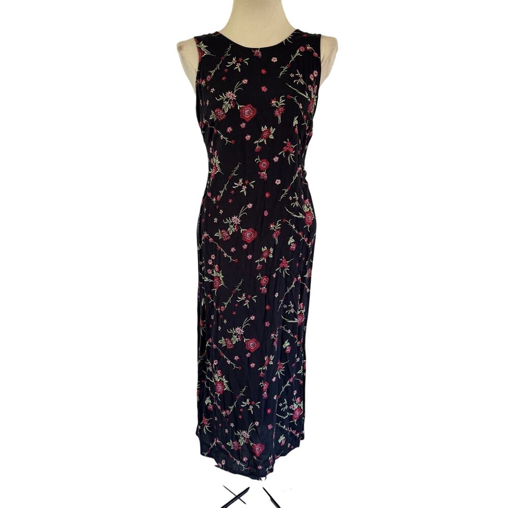 Vtg Y2K 2000s Black Dark Floral Maxi Dress Sz 10 Fairy Grunge Whimsigoth 90s
